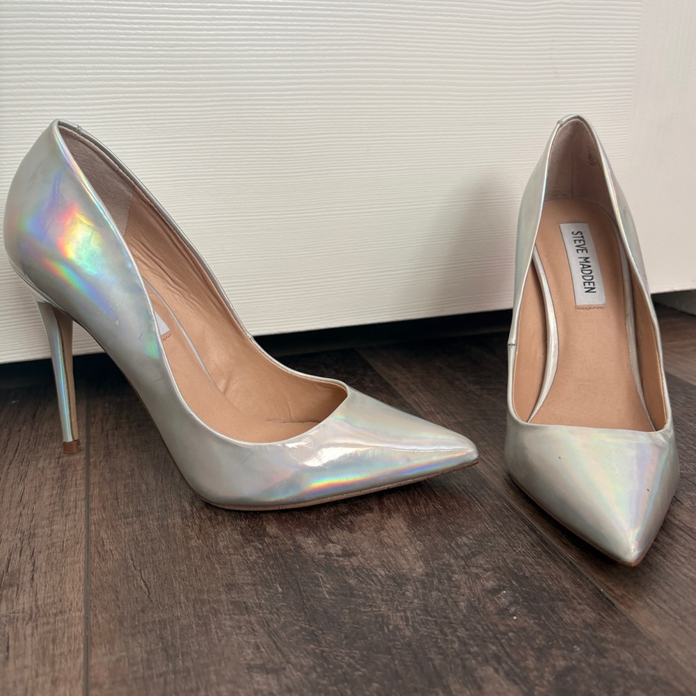 Steve Madden Salza Iridescent Silver Metallic Heels